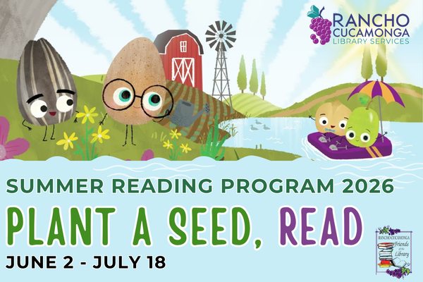 An illustration that shows animated seeds of different colors with eyes, legs, arms and a mouth standing on a hill of grass with flowers with a barn house in the background. There are also fruit with eyes, legs and arms sitting on a floaty in a small lake with an umbrella. 