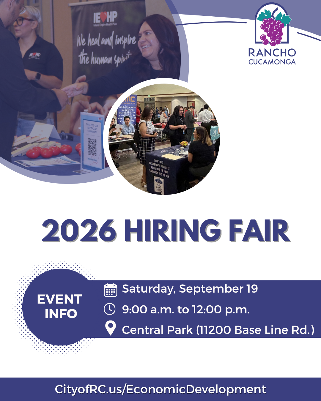 Vertical promotional graphic for the City of Rancho Cucamonga's 2026 Hiring Fair. The Rancho Cucamonga logo appears in the upper right corner above two photos showing employers speaking with job seekers at a previous hiring fair. Large text reads, "2026 Hiring Fair". Event information at the bottom states: "Saturday, September 19, 9:00 a.m. to 12:00 p.m., Central Park, 11200 Base Line Rd." The website "CityofRC.us/EconomicDevelopment" appears along the bottom of the graphic.