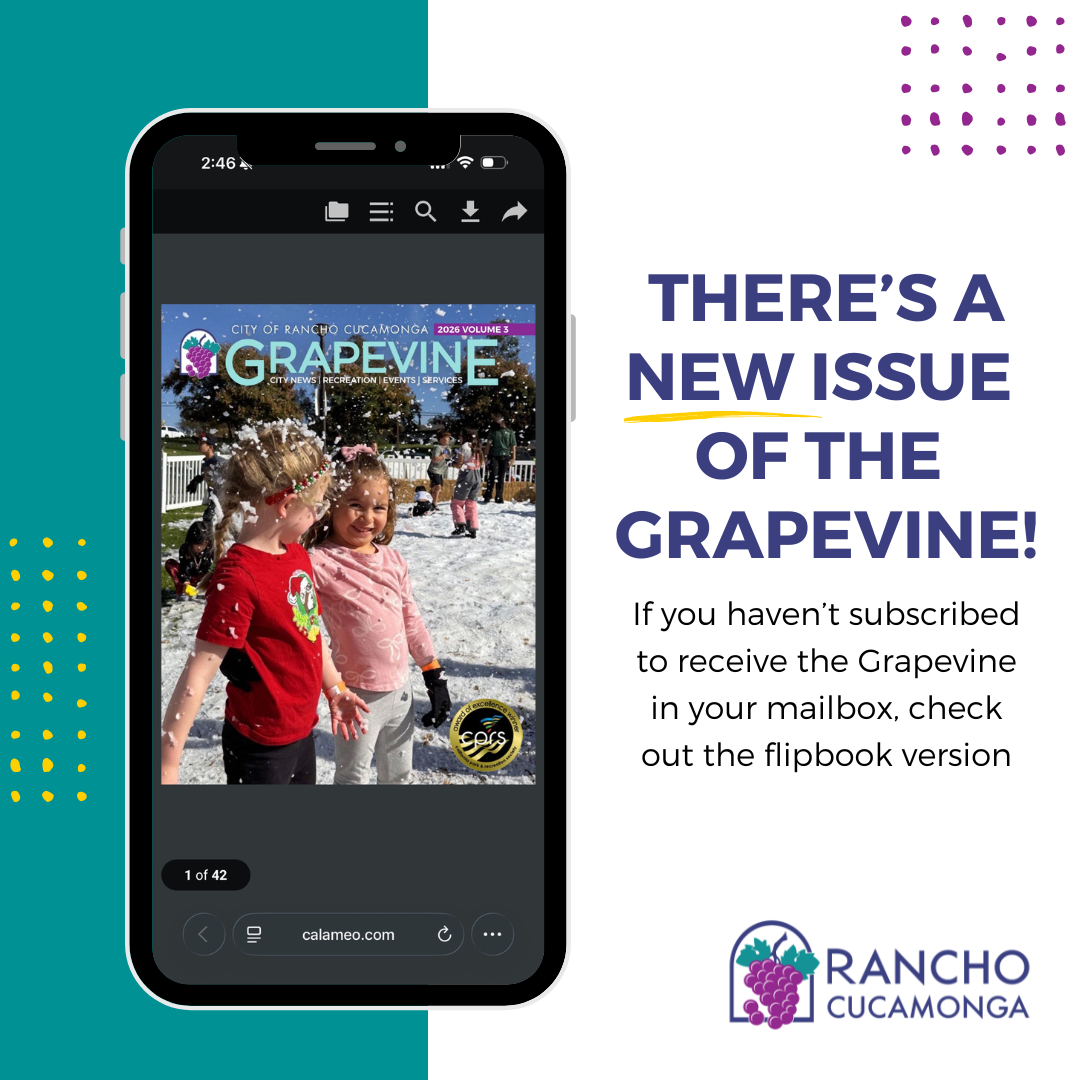 Promotional graphic for the City of Rancho Cucamonga Grapevine newsletter. A smartphone displays the cover of the 2026 Volume 3 Grapevine magazine featuring two children playing in artificial snow. Large text reads, "There's a new issue of the Grapevine!" Smaller text reads, "If you haven't subscribed to receive the Grapevine in your mailbox, check out the flipbook version." The City of Rancho Cucamonga logo appears at the bottom.