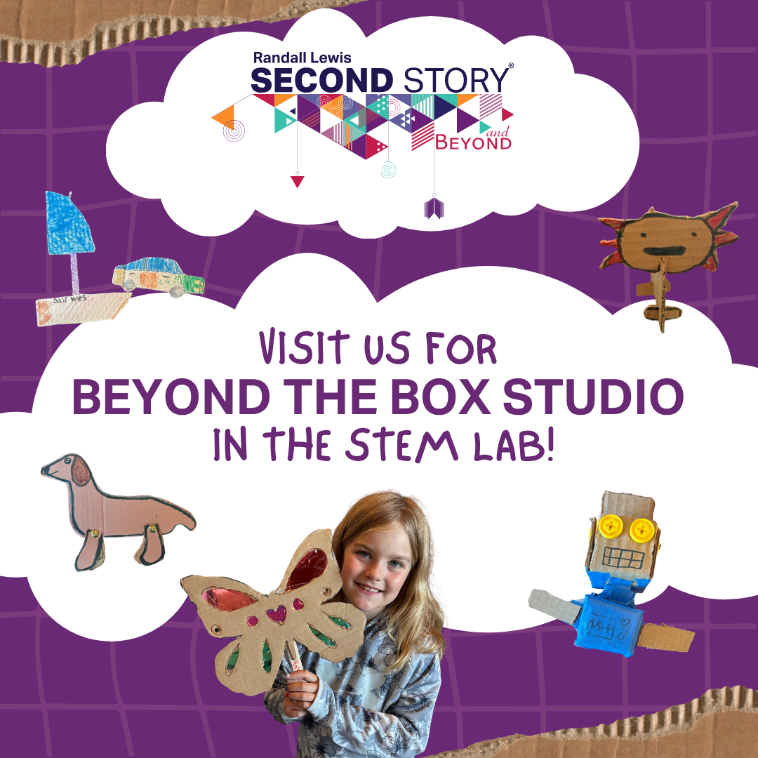 Square promotional graphic for Randall Lewis Second Story and Beyond®. The Randall Lewis Second Story and Beyond® logo appears at the top inside a white cloud against a purple background. Large text in the center reads, "Visit Us for Beyond the Box Studio in the STEM Lab!" The graphic features a photo of a smiling child holding a colorful cardboard butterfly craft, surrounded by examples of cardboard creations including a sailboat, car, dog, robot, and animal figure. Torn cardboard accents frame the top and bottom edges of the graphic, emphasizing the cardboard-building theme.