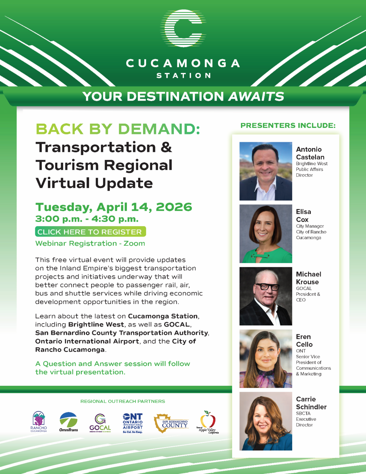 Cucamonga Station Transportation & Tourism Regional Virtual Update Tuesday, April 14, 2026, 3:00 p.m. to 4:30p.m., Webinar Registration via Zoom