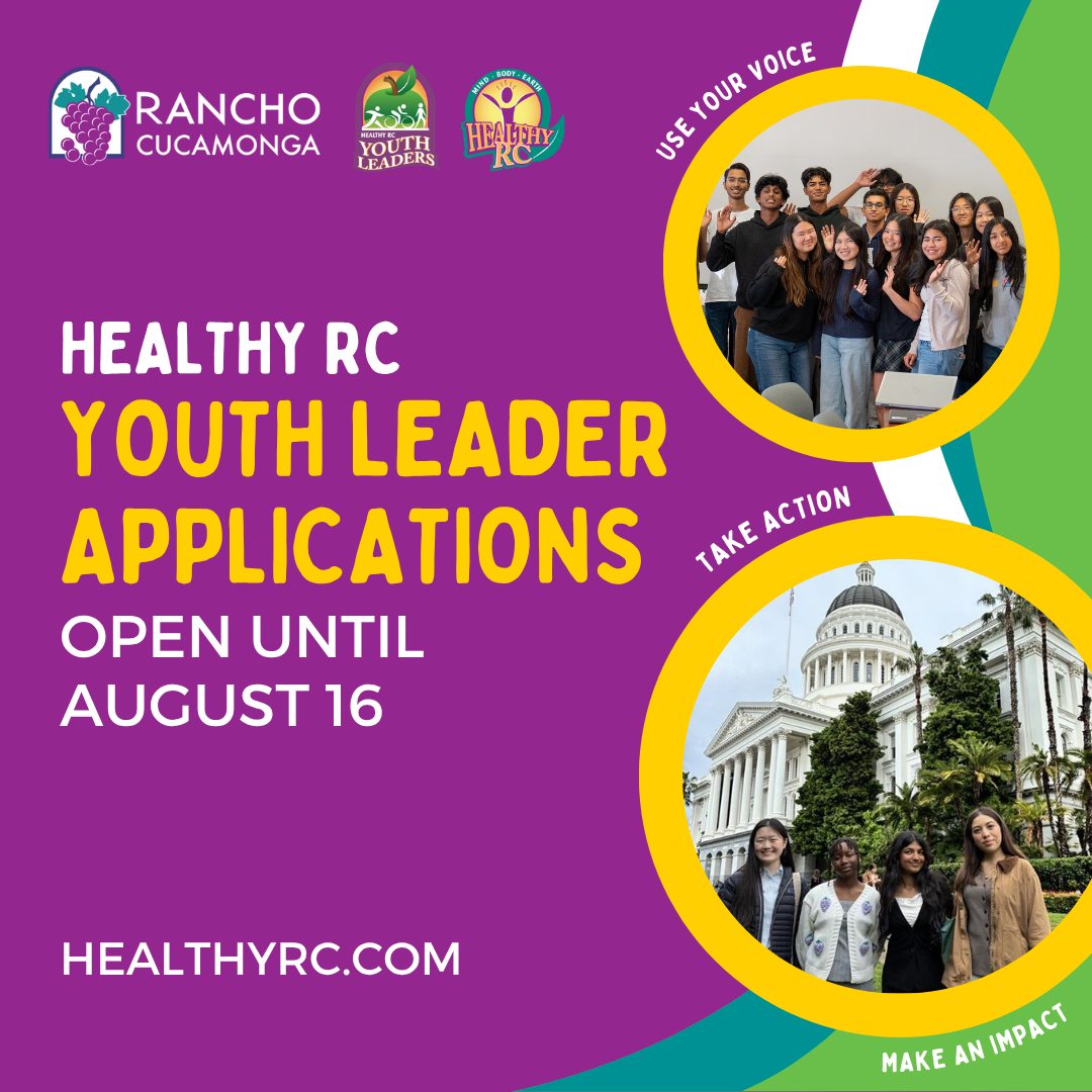Square promotional graphic for the City of Rancho Cucamonga's Healthy RC Youth Leaders program. The Rancho Cucamonga, Healthy RC Youth Leaders, and Healthy RC logos appear across the top. Large white and yellow text reads, "Healthy RC Youth Leader Applications Now Open!" Additional text states, "Applications close August 16 at 6:00 p.m." and "Apply now by visiting https://bit.ly/hcyl26." Two circular photos on the right show youth participants posing together at a leadership event and in front of the California State Capitol. Curved text around the photos reads, "Use Your Voice," "Take Action," and "Make an Impact."