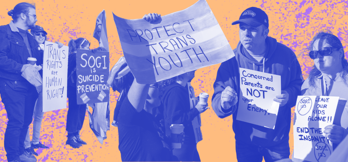 a collage of protestors against a patterned background