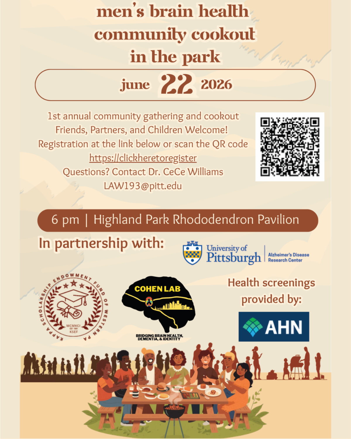 Join the men's brain health community cookout at Highland Park on June 22, 2026, featuring free health screenings from AHN and partner resources.