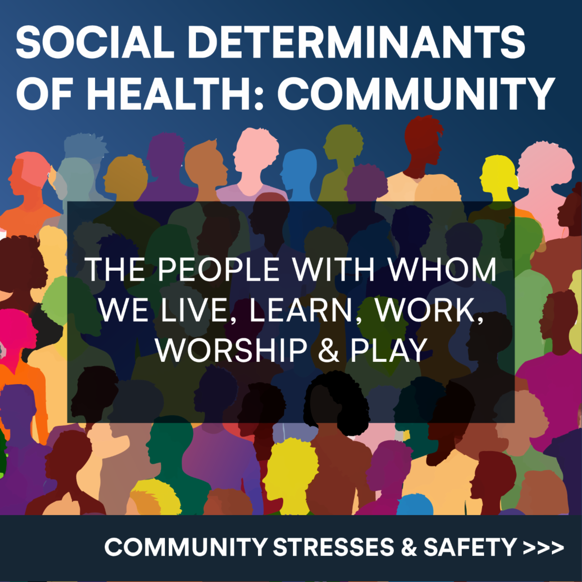 Explore how the people we live, learn, work, worship, and play with shape our social determinants of health and community safety.