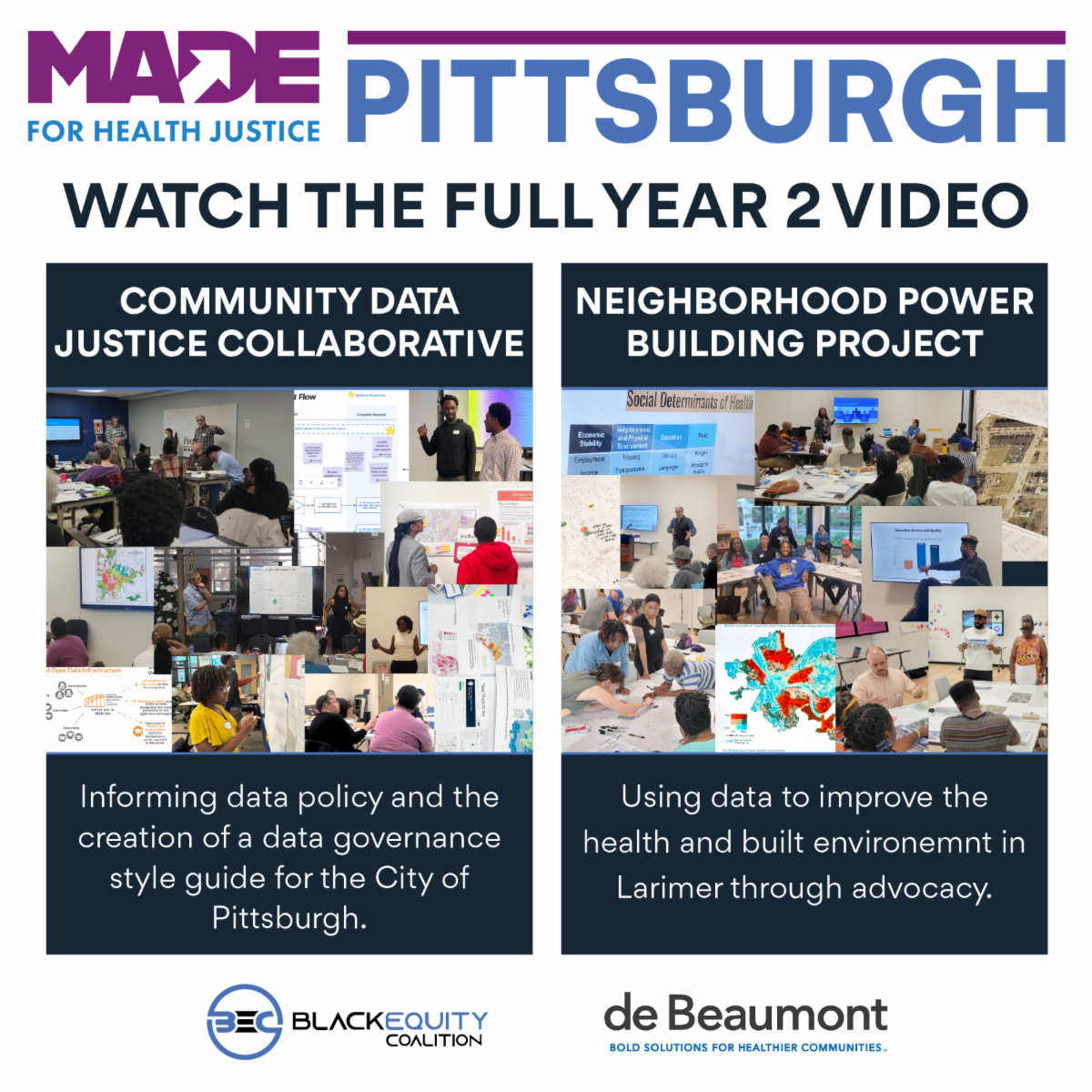This graphic, titled "MADE FOR HEALTH JUSTICE PITTSBURGH: WATCH THE FULL YEAR 2 VIDEO," features a collage of photos showcasing community engagement and data-driven advocacy through the Black Equity Coalitions working groups: the Community Data Justice Co