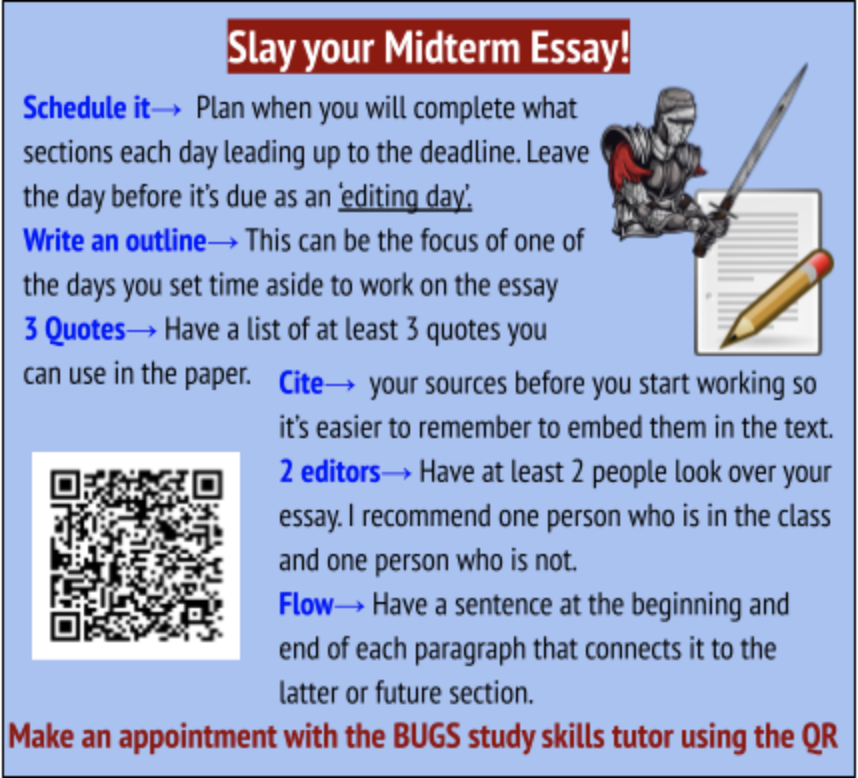 infographic featuring a medieval knight holding a sword along with tips for writing midterm essays