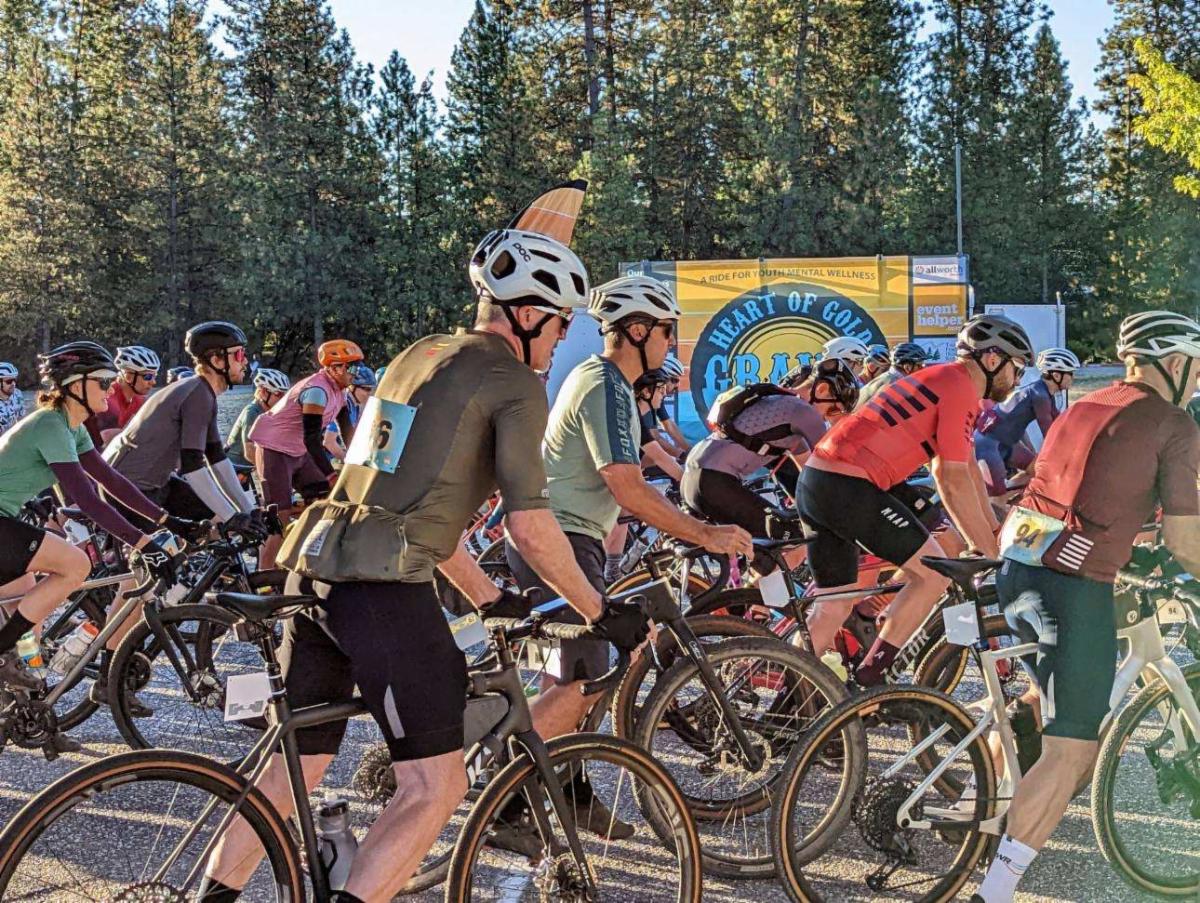 Bicyclists at start of 2022 Heart of Gold Gravel Race. 