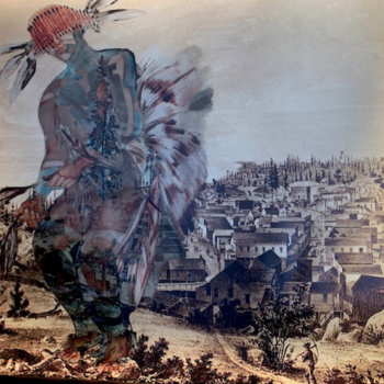 Jenny Hale watercolor work featuring a Nisenan dancer turning his back on a village that displaced his own. 