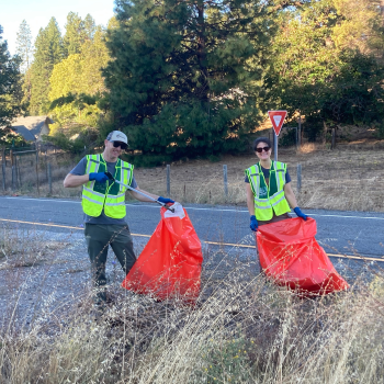 Two people holding orange trash bags to clean up the road.