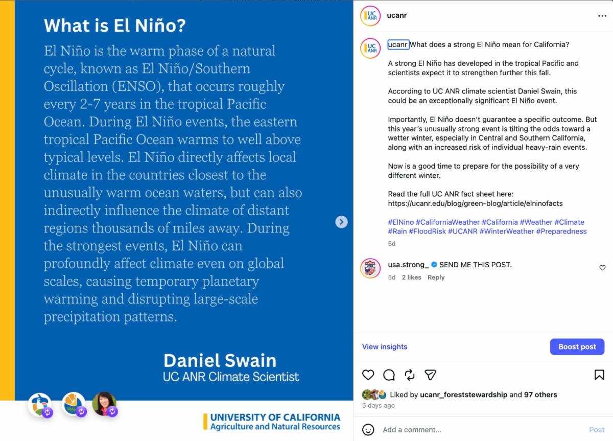 Screengrab of Instagram post with a blue explainer graphic about El Nino quoting climate scientist Daniel Swain