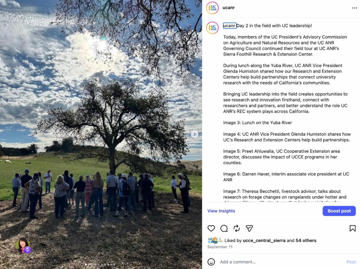 Instagram post about PAC and Governing Council tour of Sierra Foothill REC with a photo of the group under a big tree at the REC
