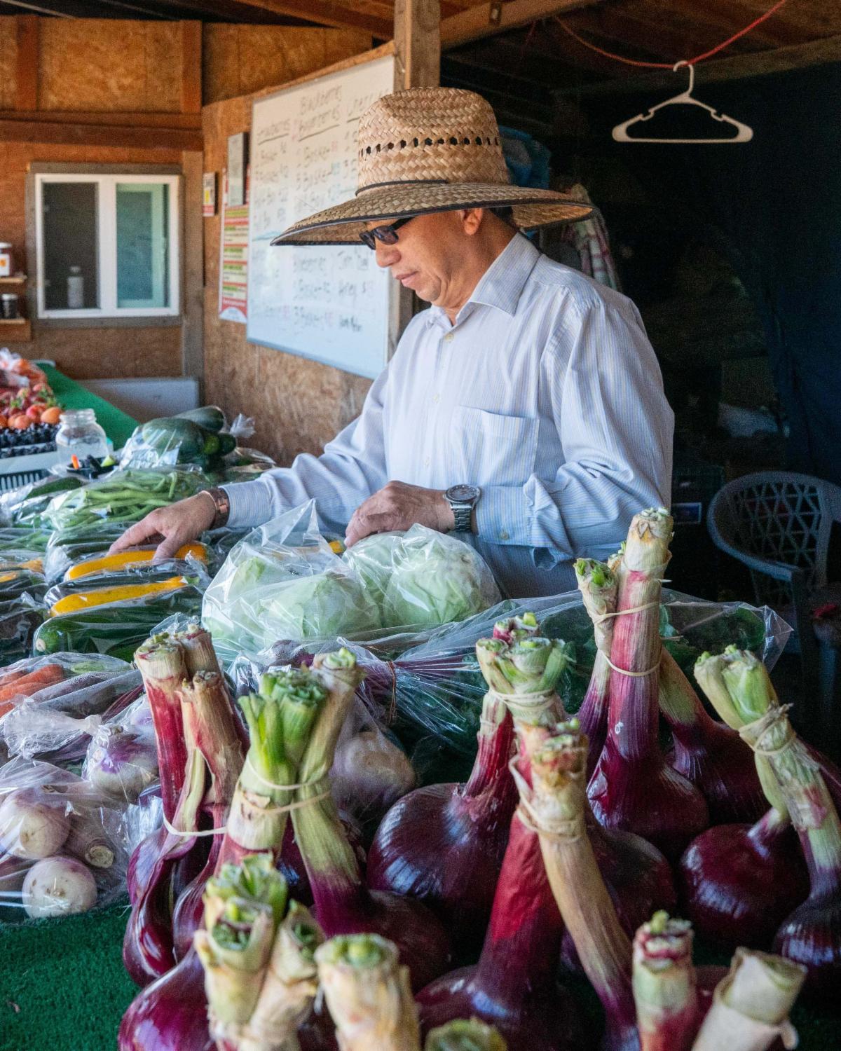 Farmer checks his produce at a farmstand