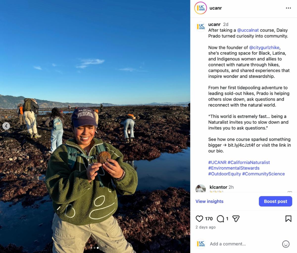 Screengrab of an Instagram post showing Daisy Prado holding a shell by tide pools at Duxbury Reef