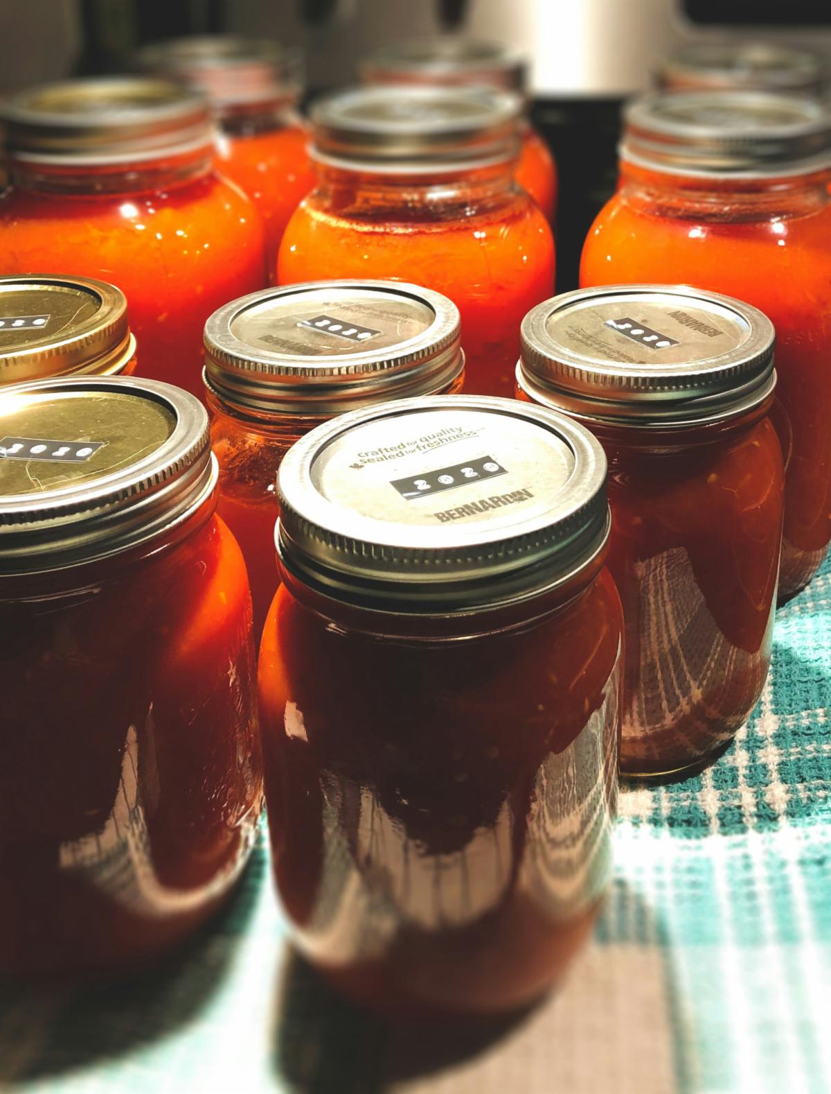 Rows of filled and sealed canning jars