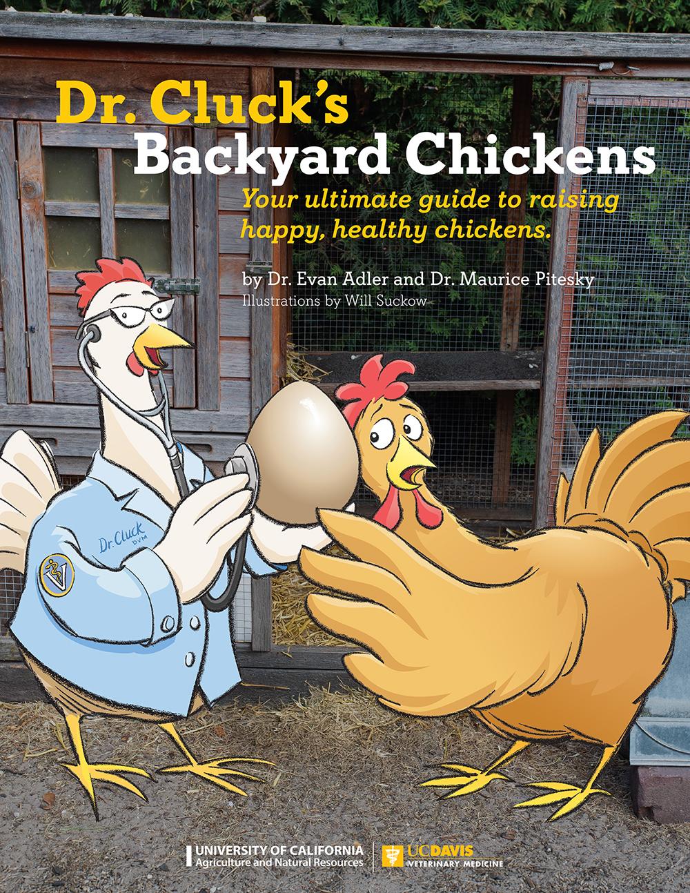 Two cartoon chickens on the cover of the book "Dr. Cluck's Backyard Chickens"