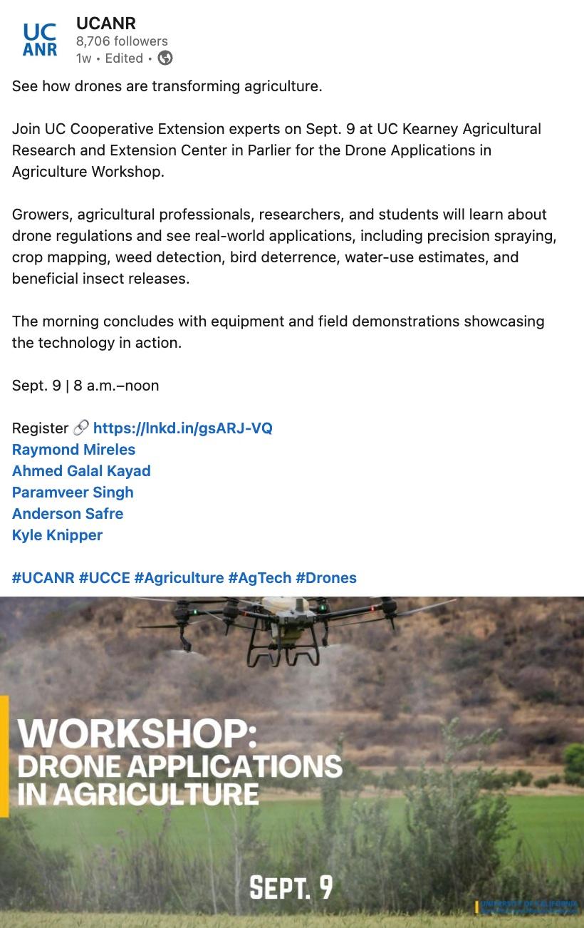 Screengrab of LinkedIn post about a workshop on drone applications with a photo of a hovering drone at the bottom