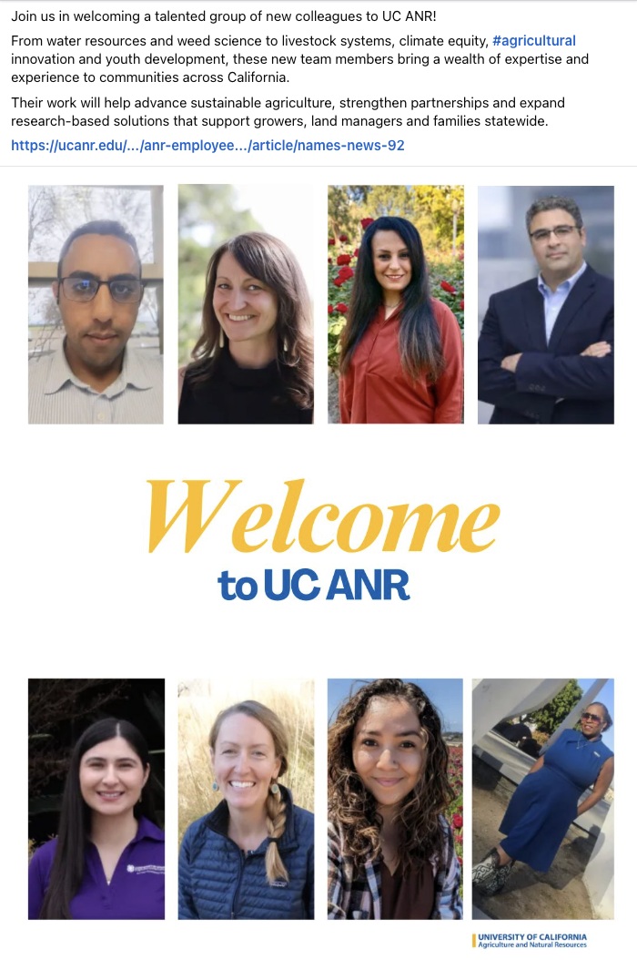 Screengrab of Facebook post about new hires at UC ANR, featuring professional headshots of eight new employees