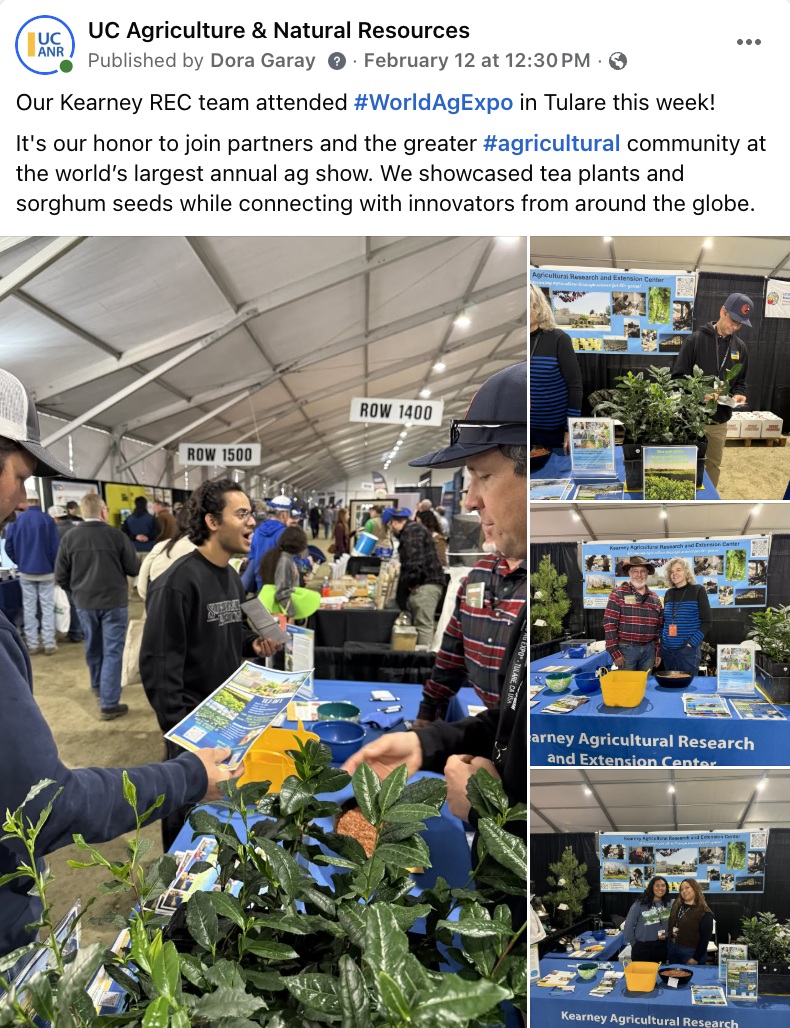 Screengrab of a Facebook post showing four photos of UC ANR staff and volunteers at the World Ag Expo table