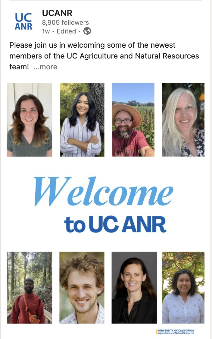 LinkedIn post welcoming new UC ANR employees, with headshots of eight new academics and experts