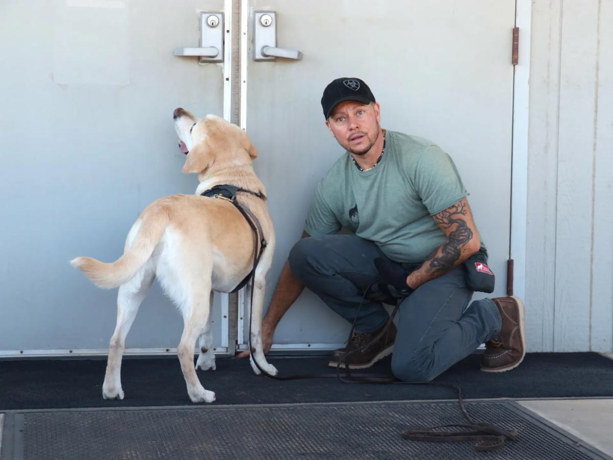 Trainer crouches next to an orange and white-colored rodent detection dog that is sniffing a doorway and door handle