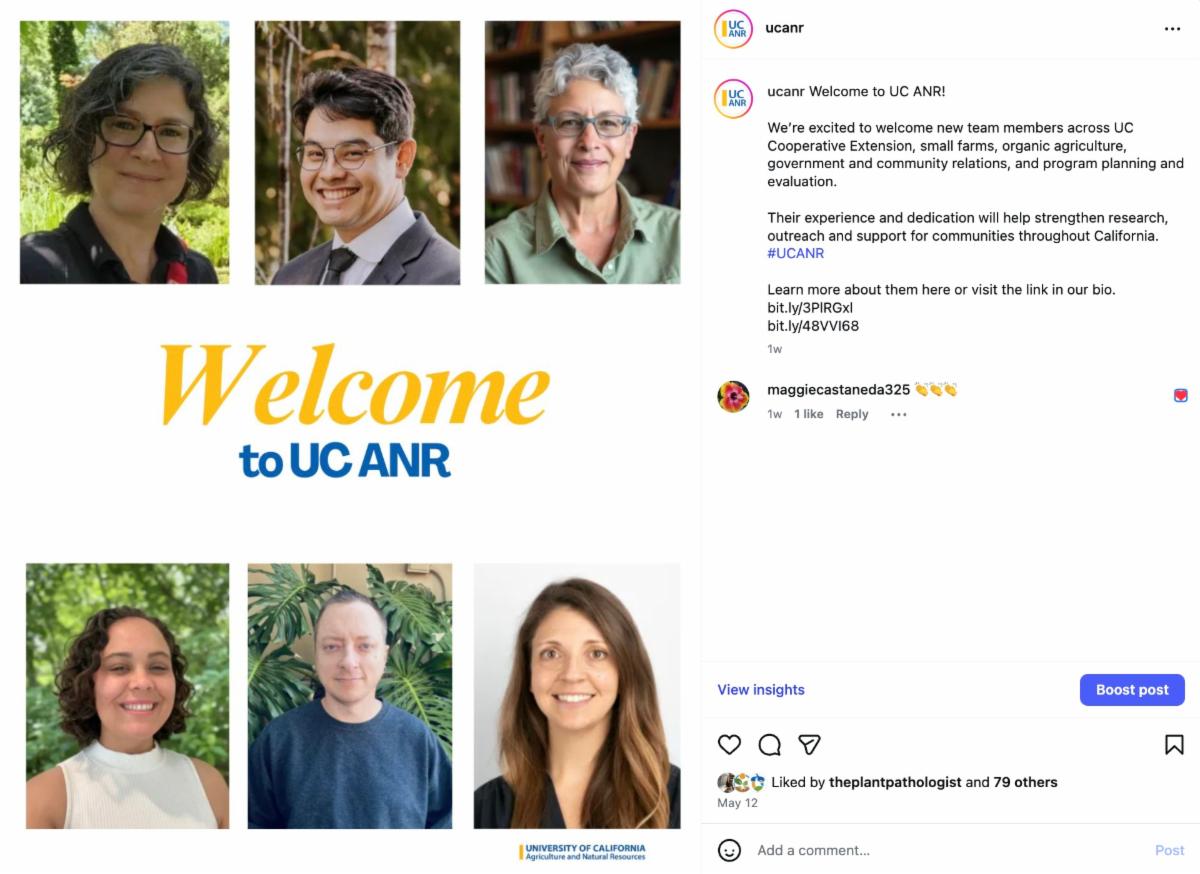Instagram post collage that says "Welcome to UC ANR" and includes images of new employees
