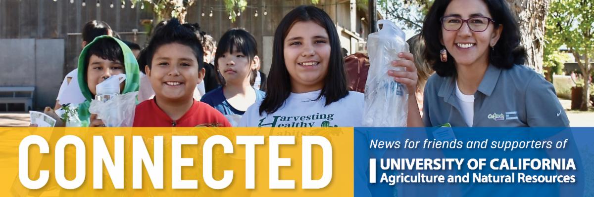 Connected banner image showing CalFresh Healthy Living educator with two kids holding up water bottles in bags
