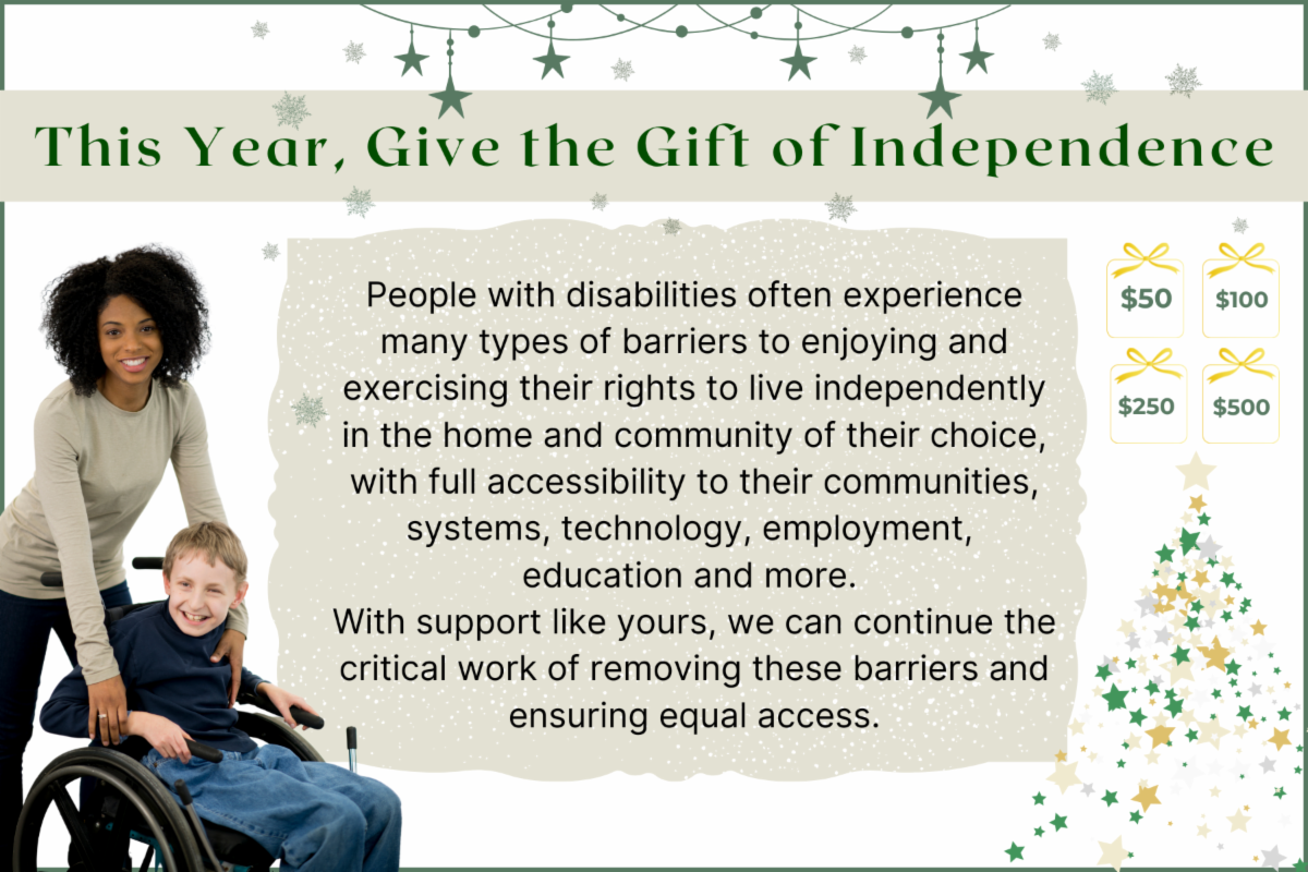 Image contains a dark-skinned female with dark curly hair standing behind a light skinned boy in a wheelchair, with her hands extended down to his arms.