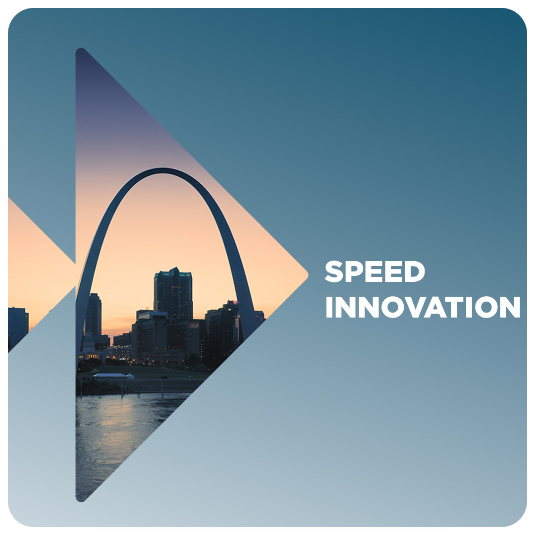 Image of the Saint Louis skyline inside the Future Forward logo. Text beside it reads Speed Innovation.