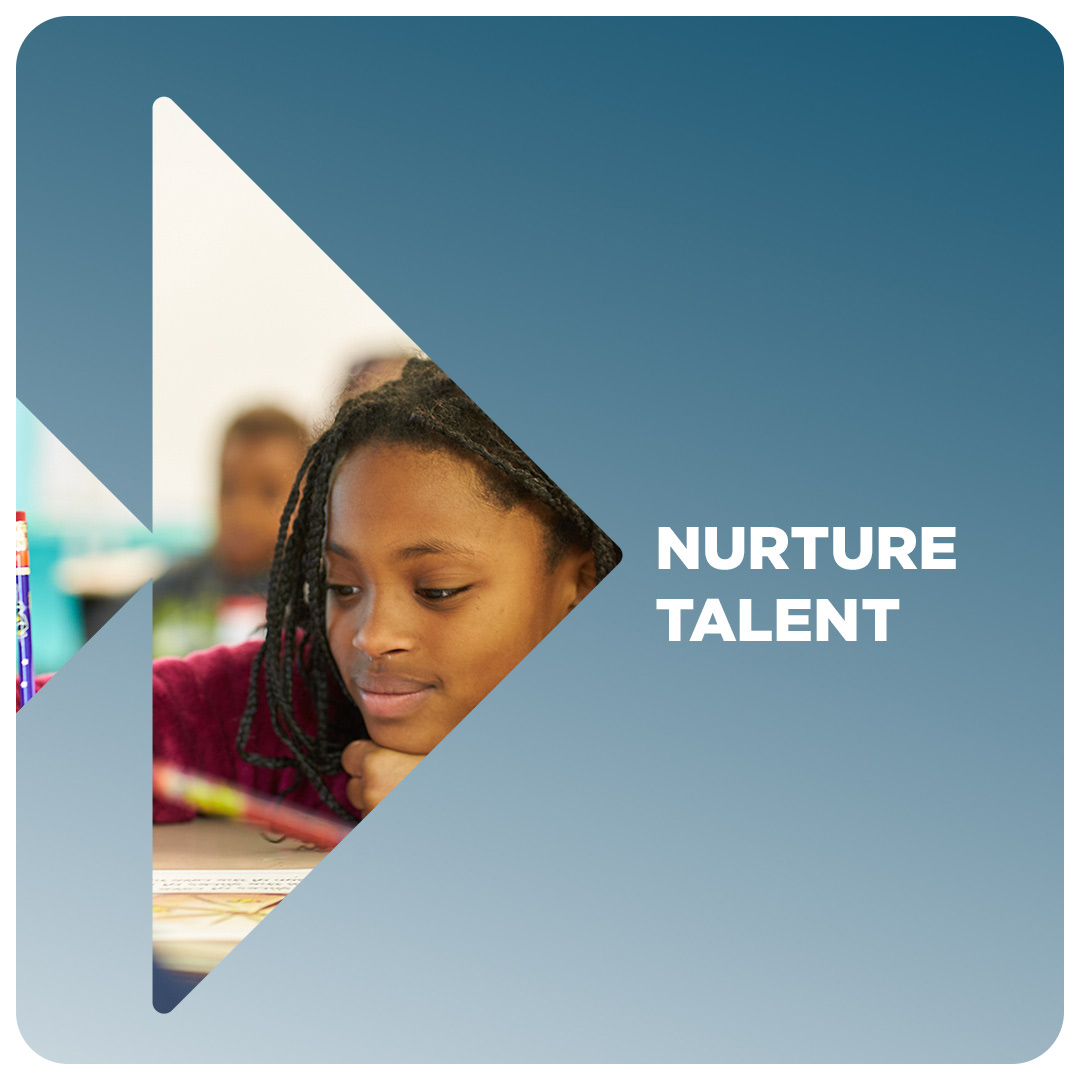 A student at a desk. The image is inside of the Future Forward logo. The words nurture talent next to it.
