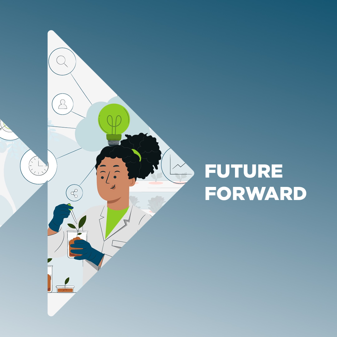Still image from an animated video inside of the Future Forward logo.