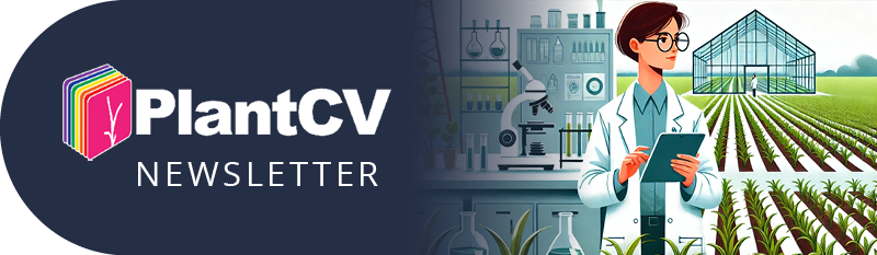 PlantCV Newsletter header banner featuring the PlantCV logo alongside an illustrated scientist in a lab coat holding a tablet with a microscope laboratory with field and greenhouse scenes in the background