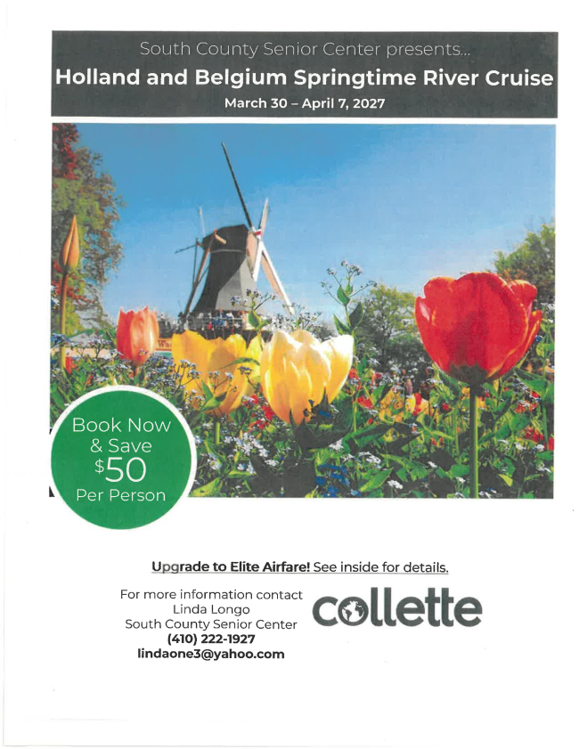 The cover of travel brochure from Collette Vacations for Holland and Belgium springtime river cruise in 2027.