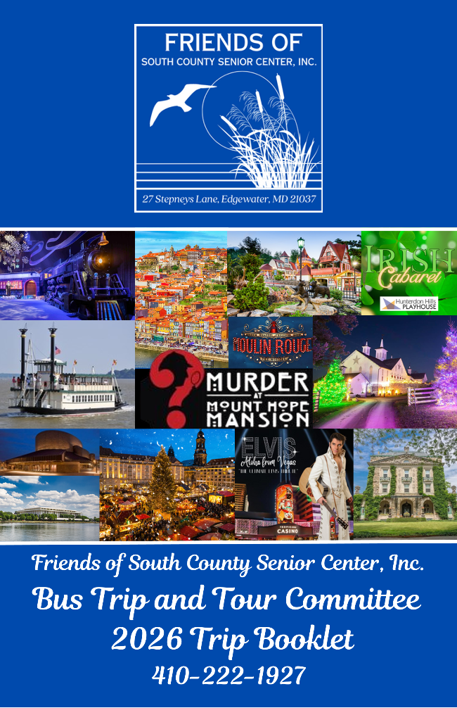 The cover of the 2026 Trip Booklet from the Friends of South County Senior Center.