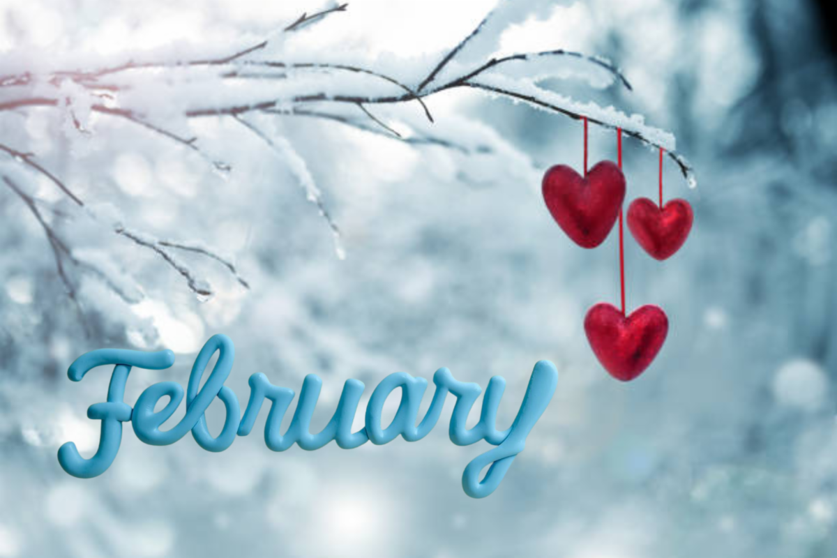The word February in front of a bare ice covered tree with 3 red heart decorations hanging from it.