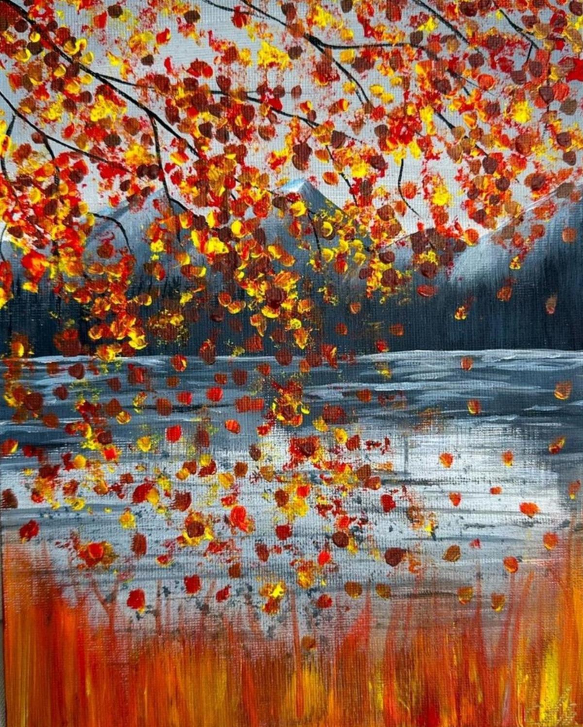 A painting of a tranquil autumn scene by a lake. Paint Class held on Saturday, November 14th from 2-4pm. Call 410-222-0300 to sign up.