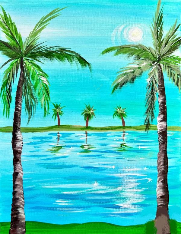 A painting of 5 palm trees surrounding an inlet of water on a sunny day.