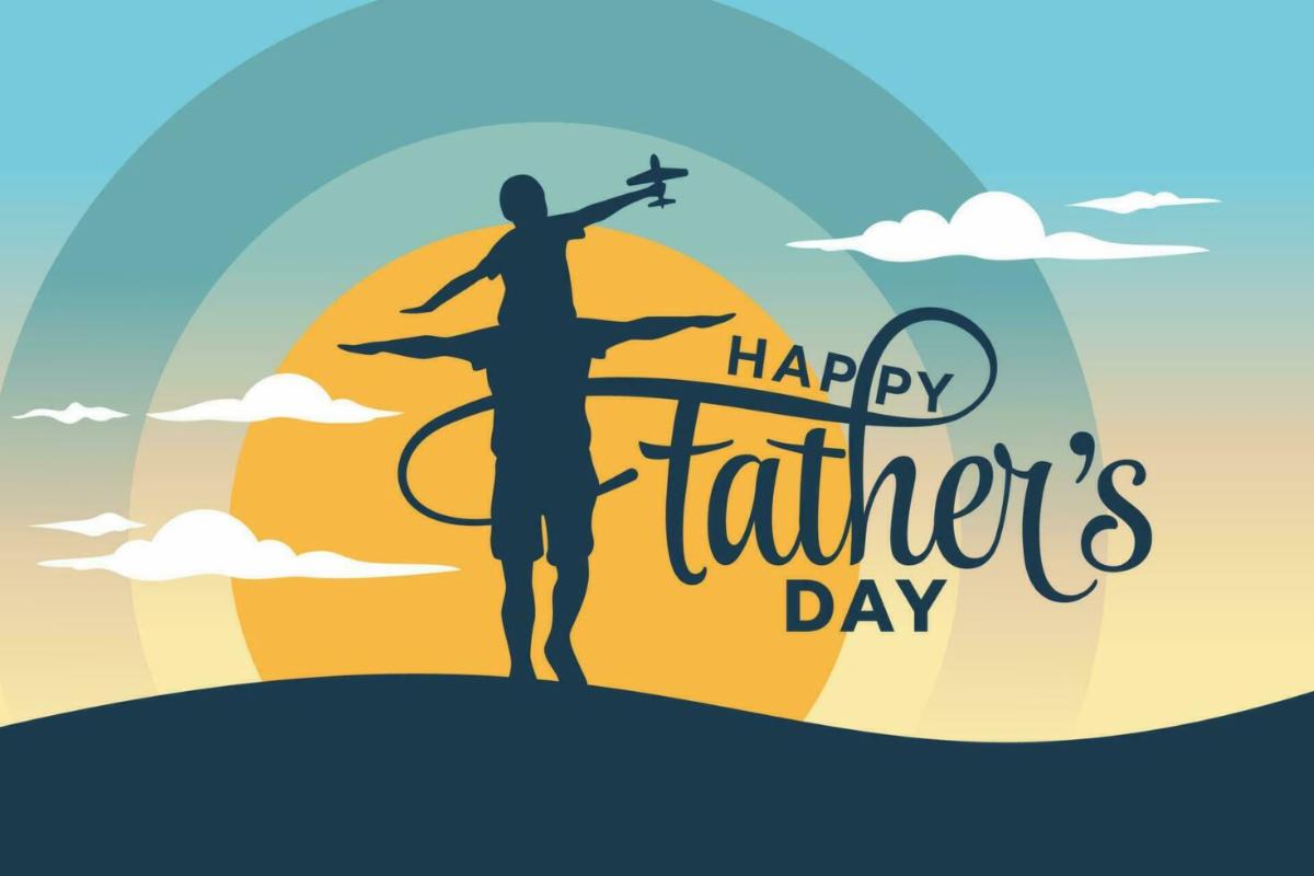 Happy Fathers day written in cursive text next to a man with child on his shoulders on a hill with a sunrise.