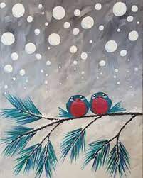 A painting of 2 birds sitting on a pine branch on a snowy day.