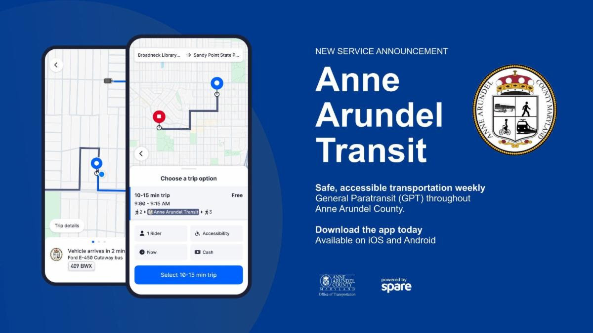An announcement for the Office of Transportation's new Anne Arundel Transit App. Call 410 222 0022 for details.