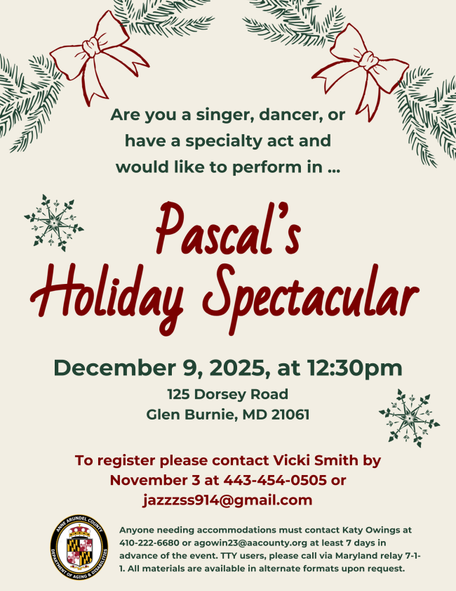 A call for crafters and vendors for the November 21st Holiday Craft Fair at the Pascal Senior Activity Center from 9 30 am to 2 30 pm. Call 410 222 6680 for details. 
