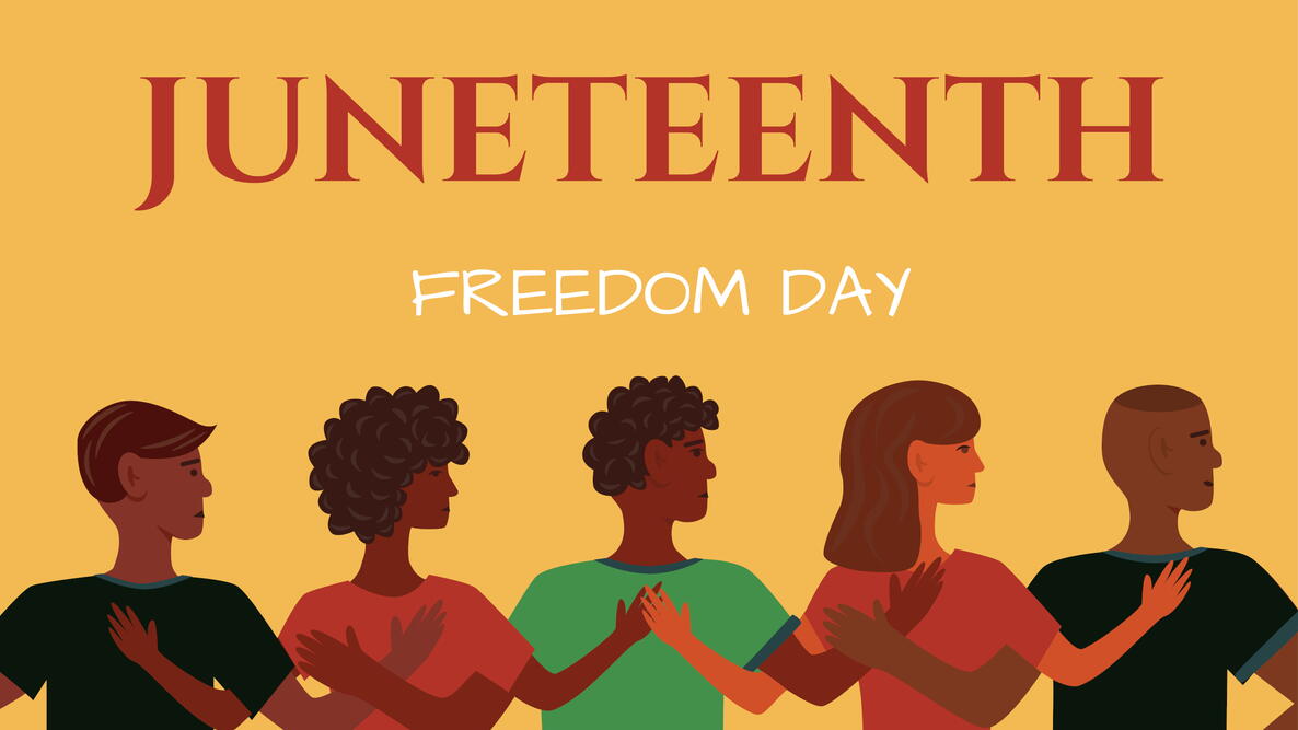 Actual text Juneteenth Freedom Day displayed above a line of diverse people with colorful shirts.