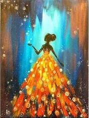 A woman in an orange dress in front of a blue background