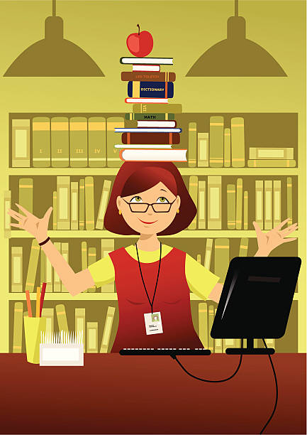 A cartoon of a librarian wearing glasses balancing books on her head while standing behind a desk and in front of bookshelves.