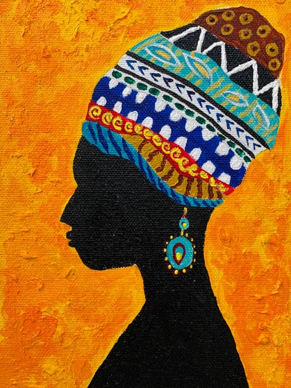 A painting of a woman in profile with a colorful headwrap and earrings. Paint Class held on Sunday, November 1st from 2-4pm. Call 410-222-0300 to sign up.