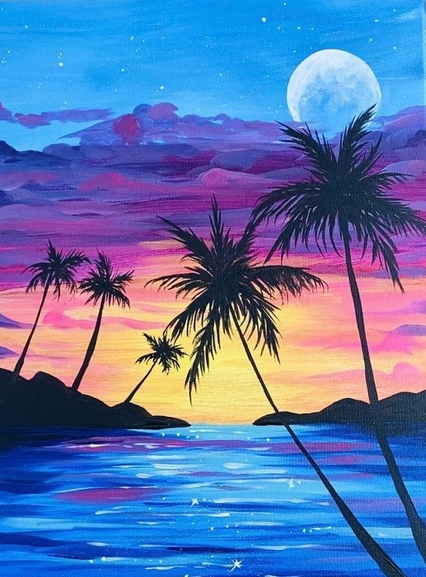 A painting of palm trees with islands and the sunrise in the background.