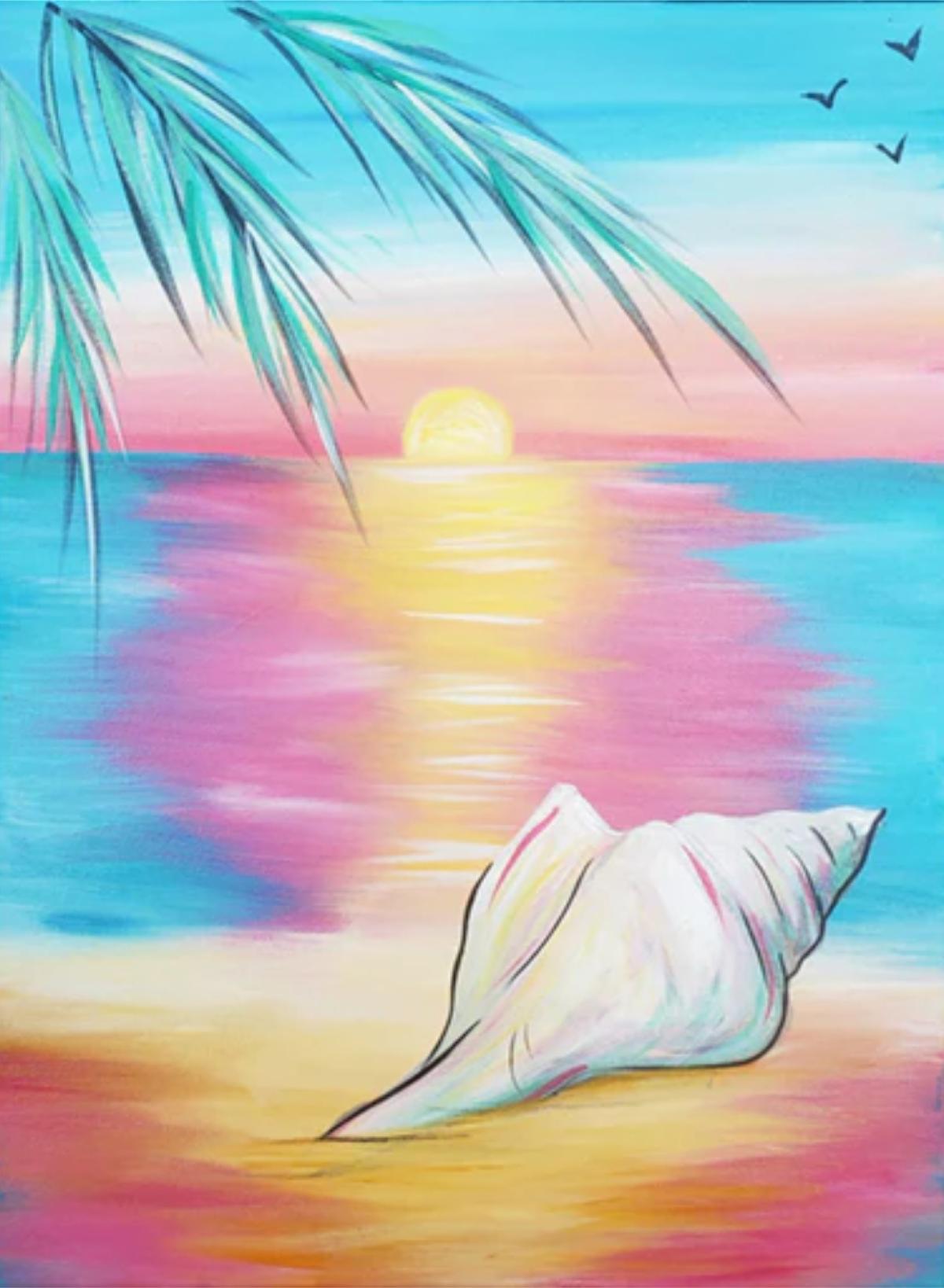 Acrylic painting of a sunset and seashell on a beach.