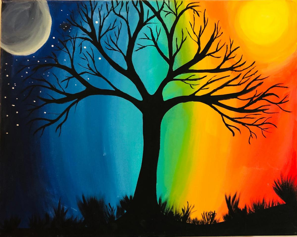 A painting of a leafless tree in front of a colorful sky with the sun and moon in the sky.