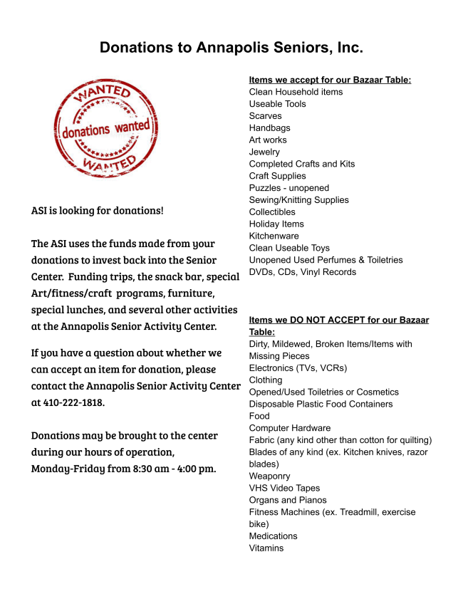 A list of household items ASI will and will not accept for donation.