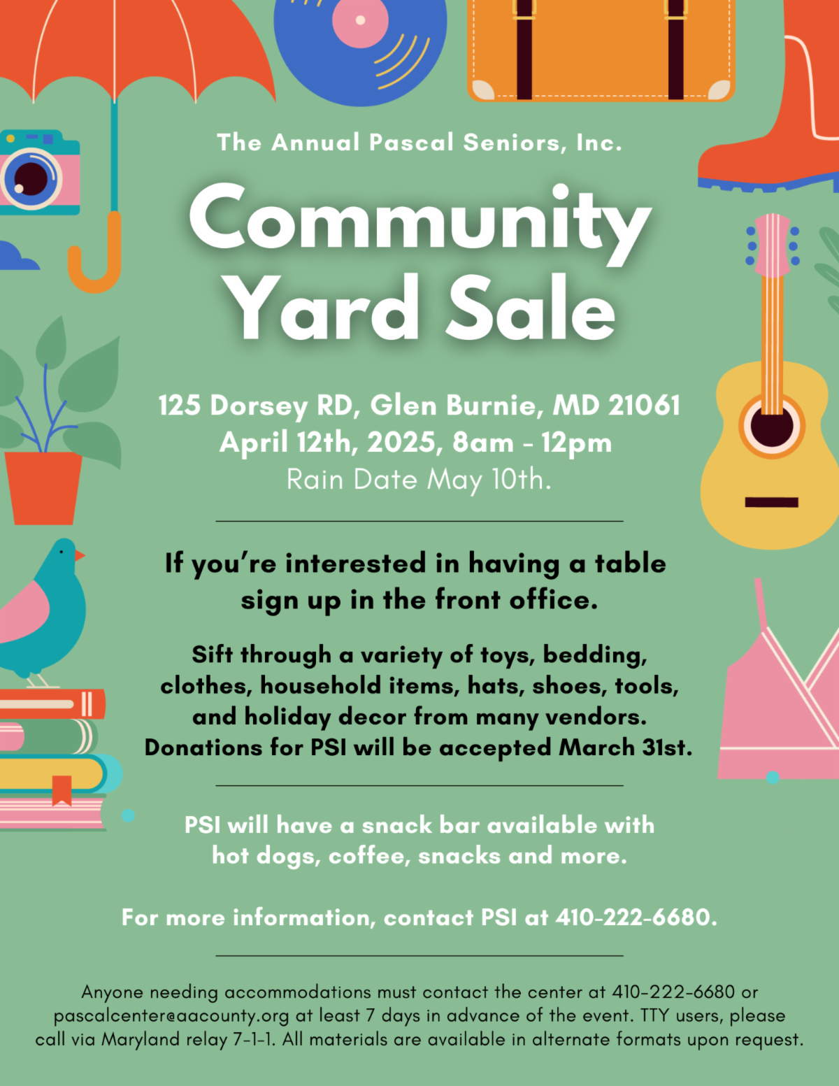An announcement for the April 12th Community Yard Sale at the Pascal Senior Activity Center.